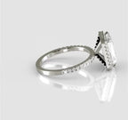 Side profile view of a 3 carat radiant cut lab grown diamond ring with a pavé diamond band and distinctive diamond-encrusted under-gallery on a white background.