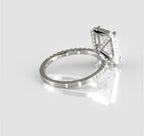 Rear angled view emphasizing the architectural undercarriage, open gallery, and pavé diamond shank of the radiant halo ring.