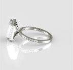 High-angle side profile displaying the elevated setting, radiant center diamond, and the seamless integration of the pavé shank.