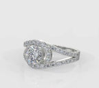 Side profile of a 2 CT round lab diamond engagement ring highlighting the sweeping bypass diamond bands and floating center stone.