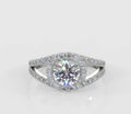 Direct top-down view of a brilliant 2 carat round cut lab grown diamond ring with a sweeping split shank halo design.