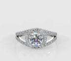 Direct top-down view of a brilliant 2 carat round cut lab grown diamond ring with a sweeping split shank halo design.
