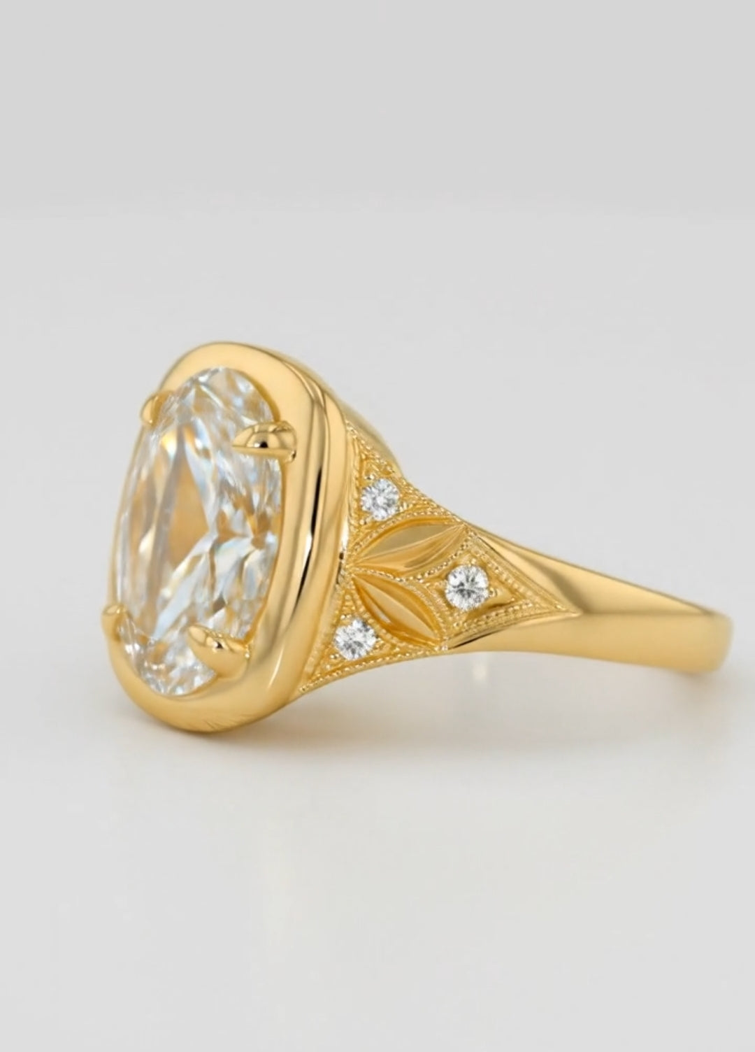 Floral Engraved 3 CT Oval Cut Lab Grown Diamond Compass Setting Ring