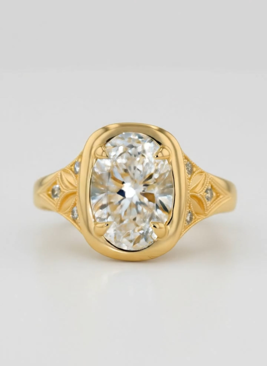 Floral Engraved 3 CT Oval Cut Lab Grown Diamond Compass Setting Ring