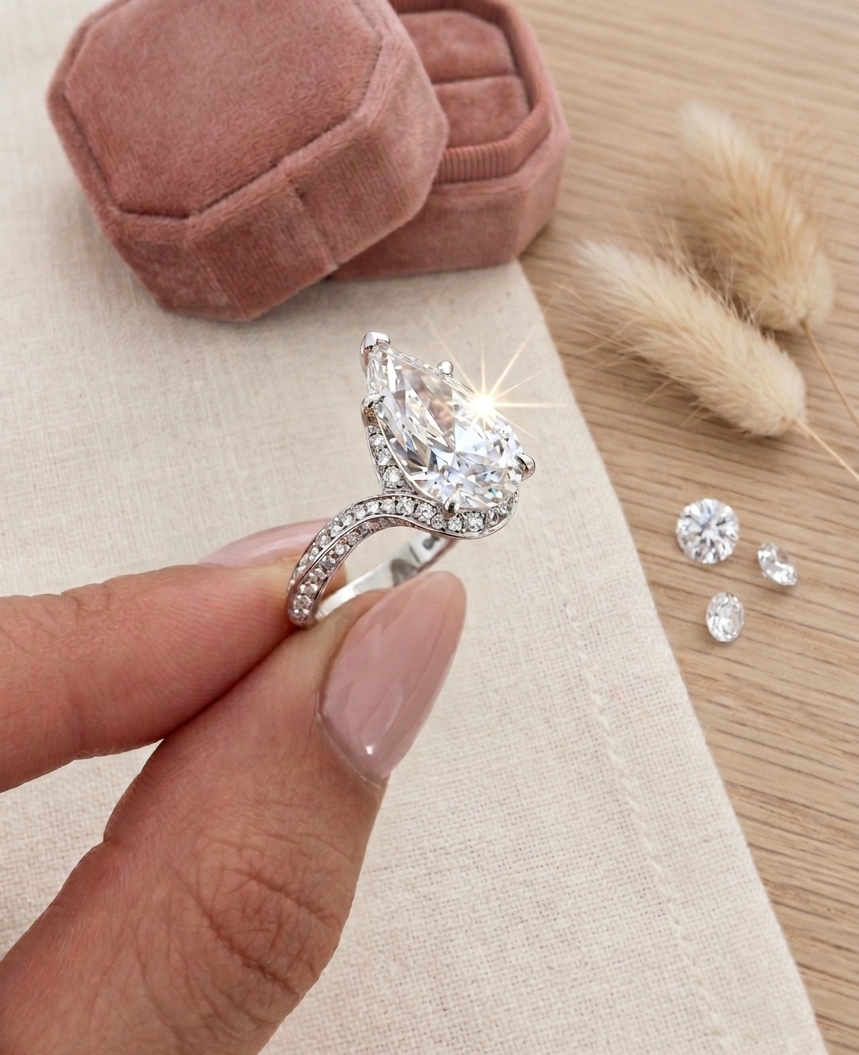 4 CT pear shaped lab created diamond engagement ring sparkling next to a pink velvet ring box.