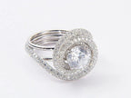 Top angle view of 2 CT round lab-grown diamond ring with spiral double halo setting