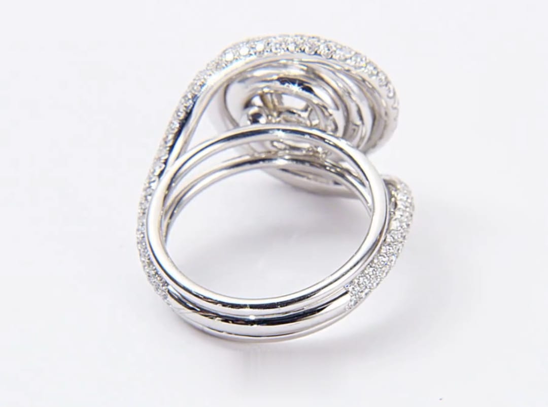 Back view of multi-band shank on 2 ct round lab diamond spiral ring