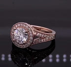 Three-quarter view of 2 carat round lab grown diamond ring in rose gold