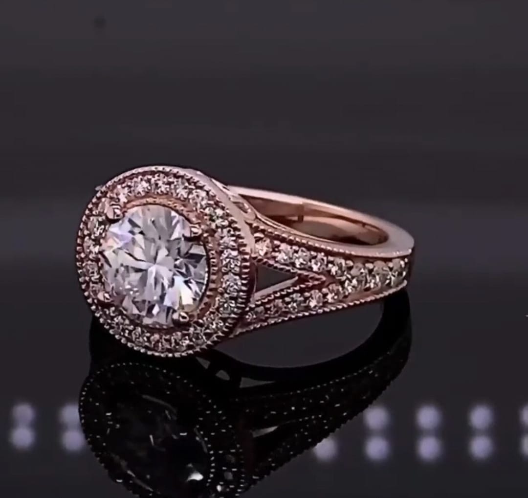 Three-quarter view of 2 carat round lab grown diamond ring in rose gold