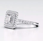 Side view of 2 CT princess cut lab grown diamond engagement ring with double halo in white gold