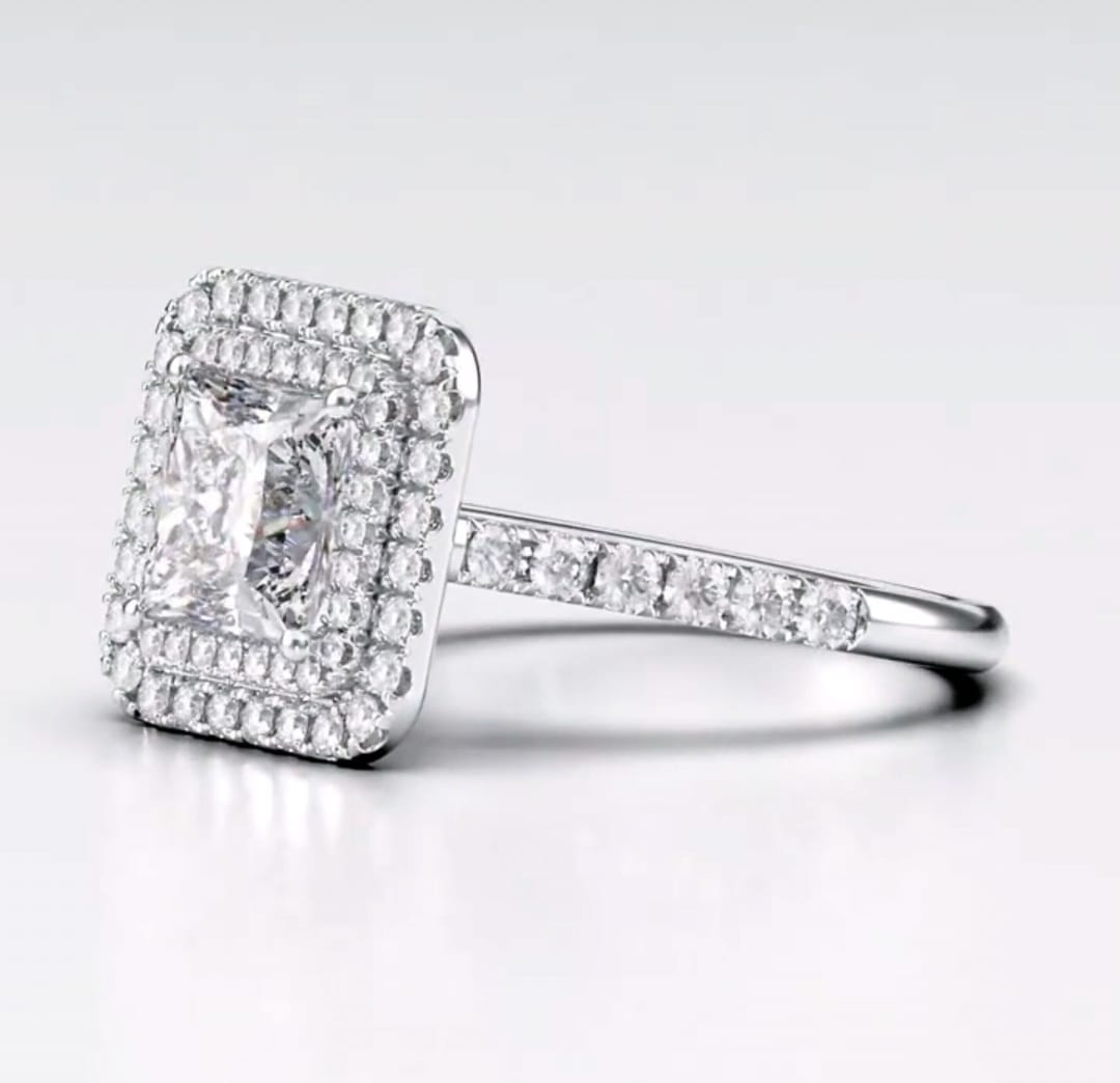 Side view of 2 CT princess cut lab grown diamond engagement ring with double halo in white gold