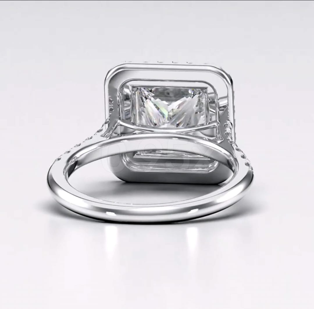 Under-basket gallery view of white gold double halo princess cut engagement ring
