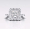Direct top view showing 2 CT princess cut lab diamond centered in a double halo setting