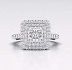 Direct top view showing 2 CT princess cut lab diamond centered in a double halo setting