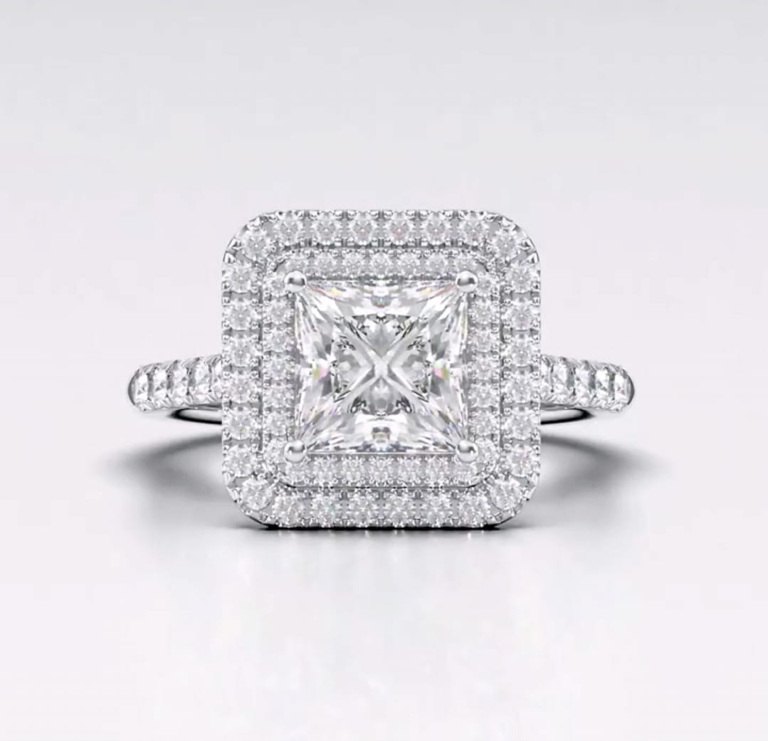 Direct top view showing 2 CT princess cut lab diamond centered in a double halo setting