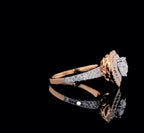 Side angle highlighting the multi-row pave diamond band and raised double halo setting of a 2ct heart lab diamond ring.