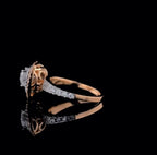 Detailed side profile showing intricate rose gold scrollwork under the heart-shaped halo basket.