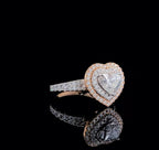 Three-quarter angle of a 2 carat heart cut lab grown diamond ring with double halo and diamond-encrusted band.
