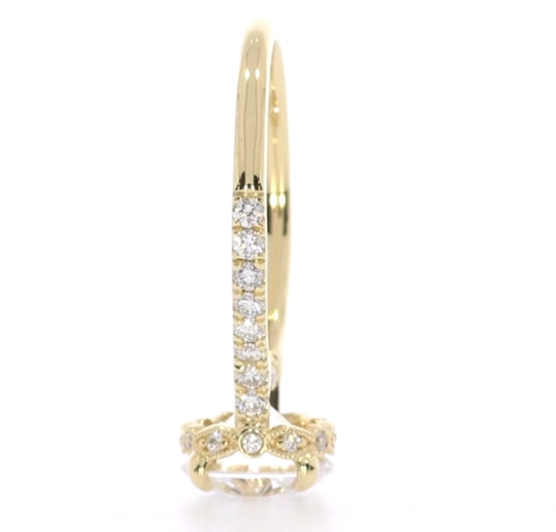 Top profile view showing pavé setting and hidden halo detail of lab diamond ring
