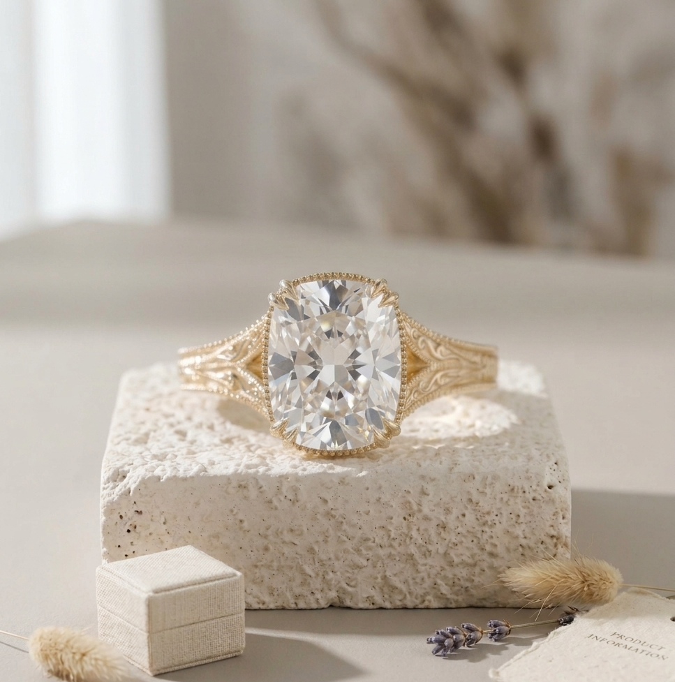 Straight-on front view of a vintage-style yellow gold engagement ring featuring a large cushion-cut center stone.