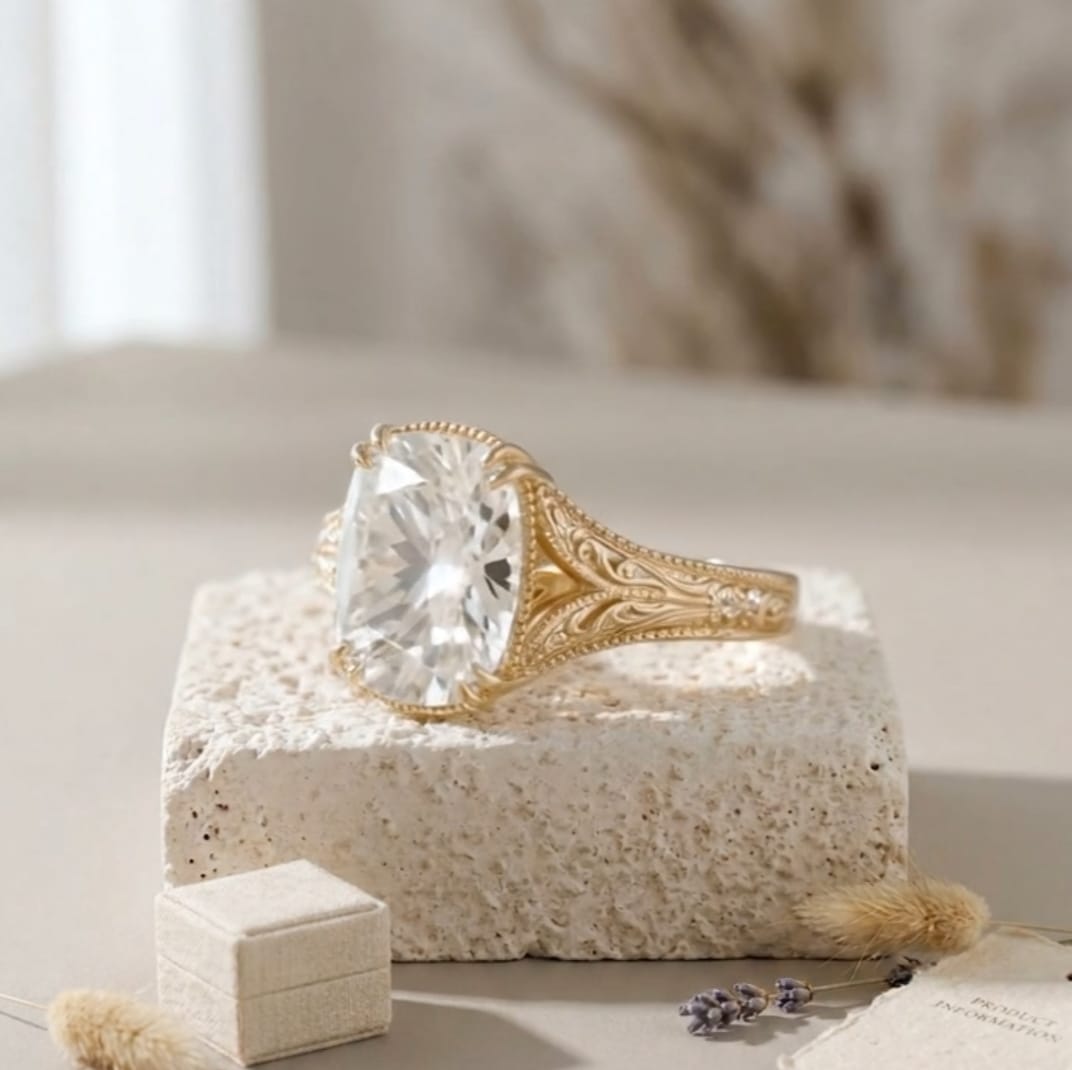 Angled top view of a cushion-cut engagement ring highlighting the deeply engraved yellow gold band and delicate claw prongs.