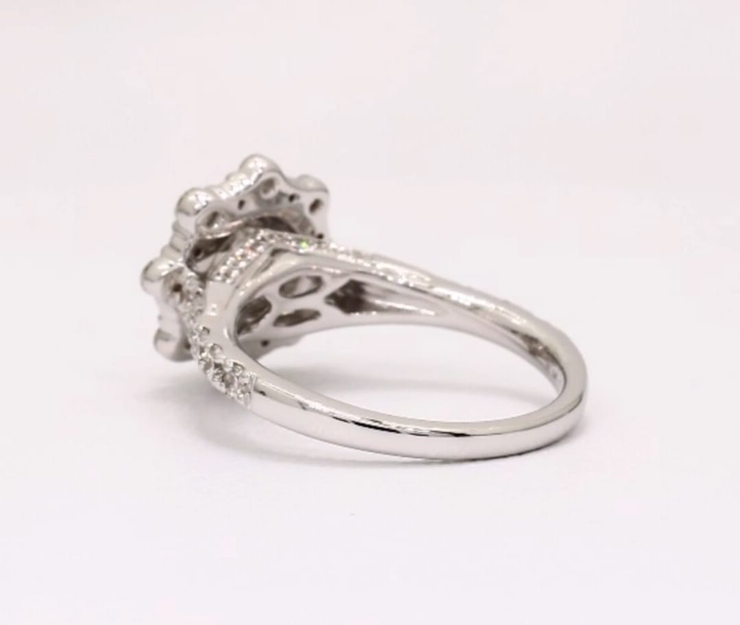 Bottom profile view showing intricate openwork gallery of 2 CT lab diamond halo ring