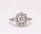 Top-down view of 2 CT round lab grown diamond ring with scalloped starburst halo