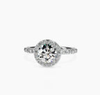 Direct top-down view of 2 CT round lab grown diamond ring with micro-pavé halo