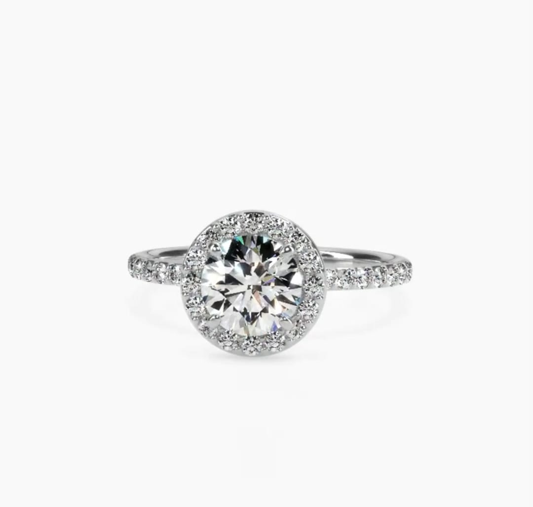 Direct top-down view of 2 CT round lab grown diamond ring with micro-pavé halo