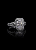 Front view of 3 CT radiant cut lab grown diamond ring with halo and split shank band