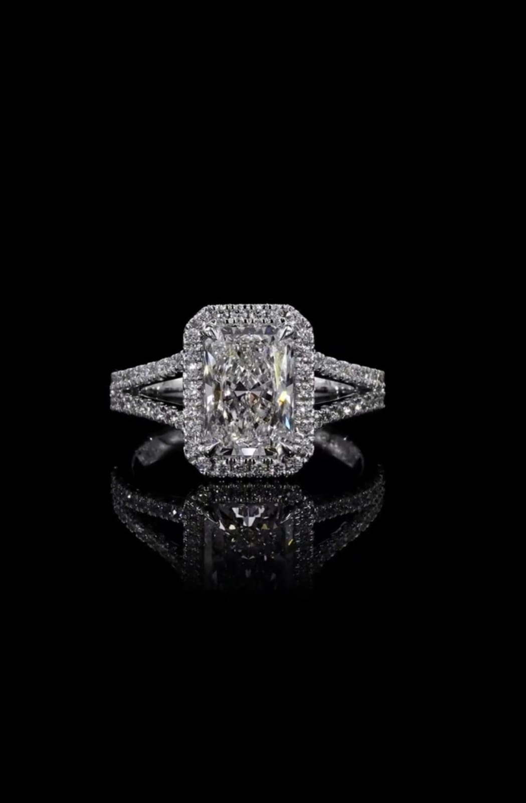 Direct front angle showing the brilliant facets of a 3 carat radiant cut diamond