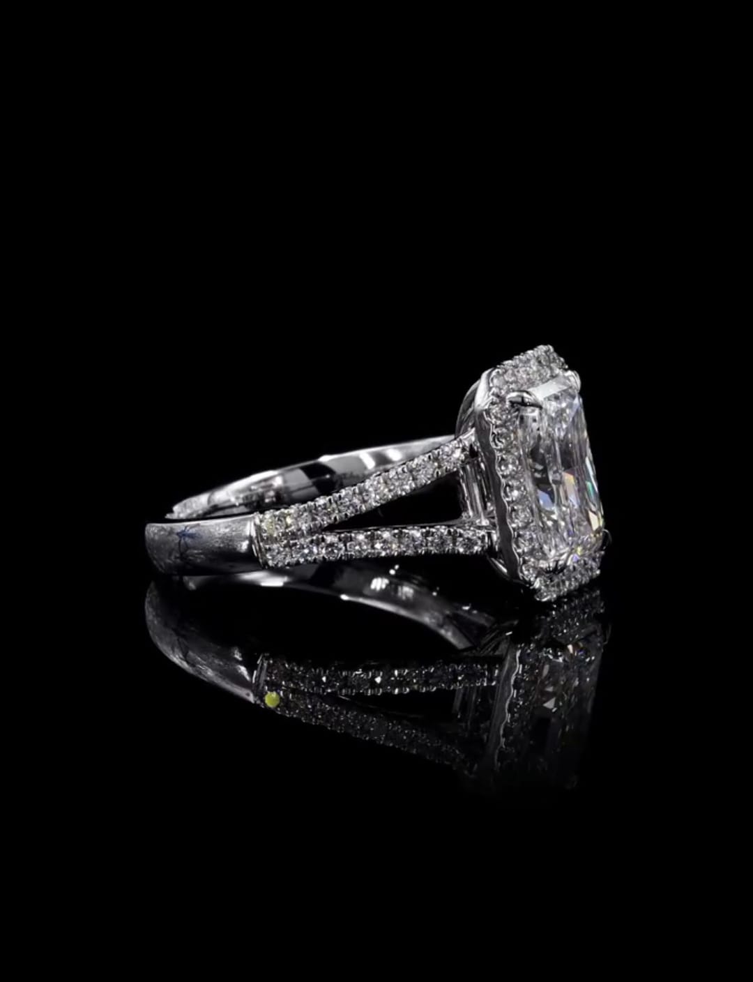 Side view highlighting split shank joinery and brilliant micro-pavé halo