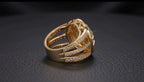 Side view showing yellow gold 2 CT round lab diamond ring with wide pavé split band