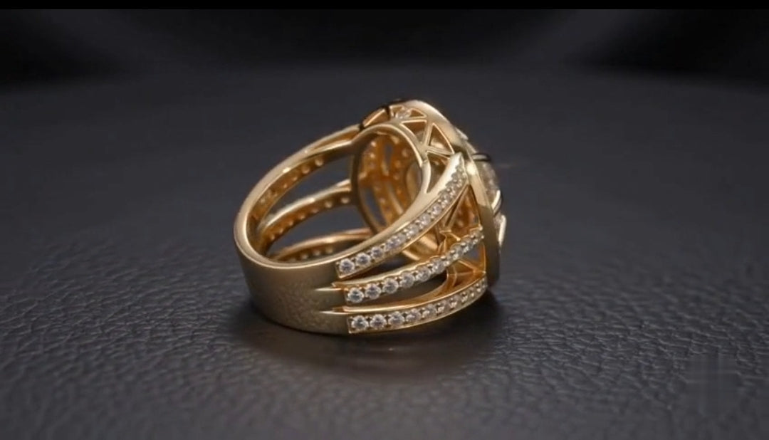 Side view showing yellow gold 2 CT round lab diamond ring with wide pavé split band