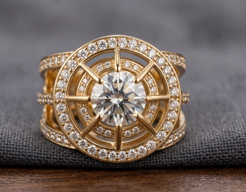 Side view showing yellow gold 2 CT round lab diamond ring with wide pavé split band