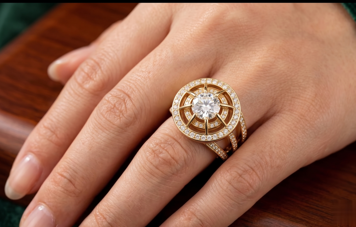 A close-up of a hand wearing an ornate gold ring with a large clear center stone and surrounding pavé detailing, set against a dark wood background.