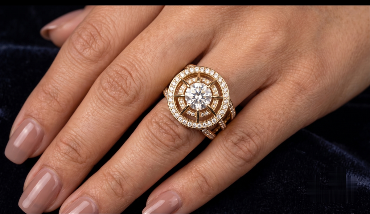 Angle view showing architectural cage basket and pavé multi-row band in yellow gold