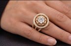 On-hand view of 2 CT round lab diamond double halo ring in yellow gold