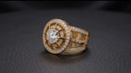 Close-up front view of 2 carat round brilliant diamond with double halo design