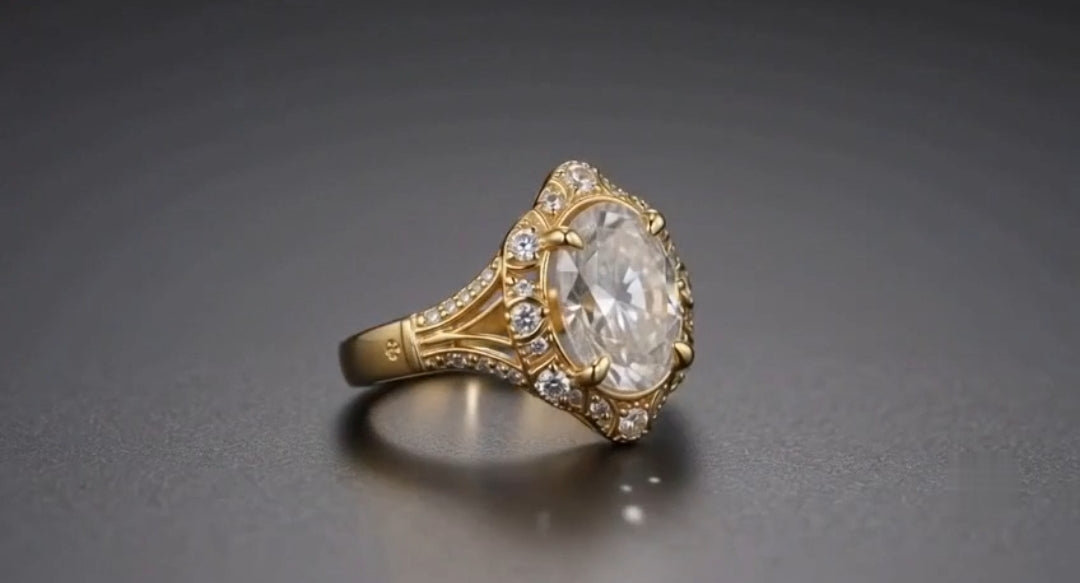 Three-quarter angle of 3 CT oval lab diamond vintage ring in yellow gold with split shank