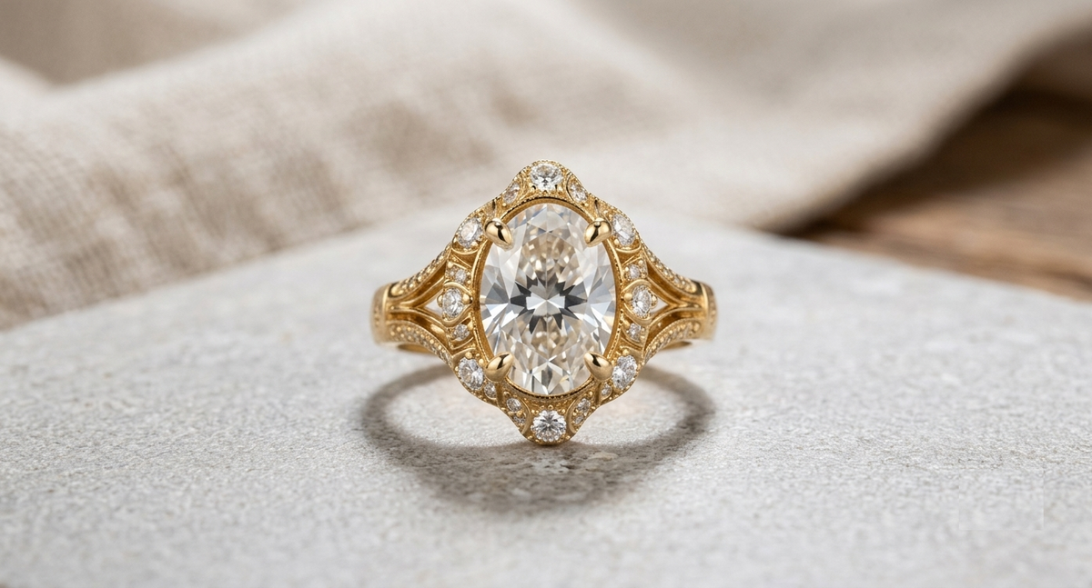 Direct front view of 3 carat oval lab diamond with scalloped milgrain halo frame