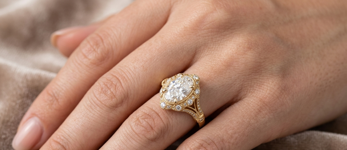 On-hand perspective view of 3 CT oval lab grown diamond vintage halo ring in yellow gold