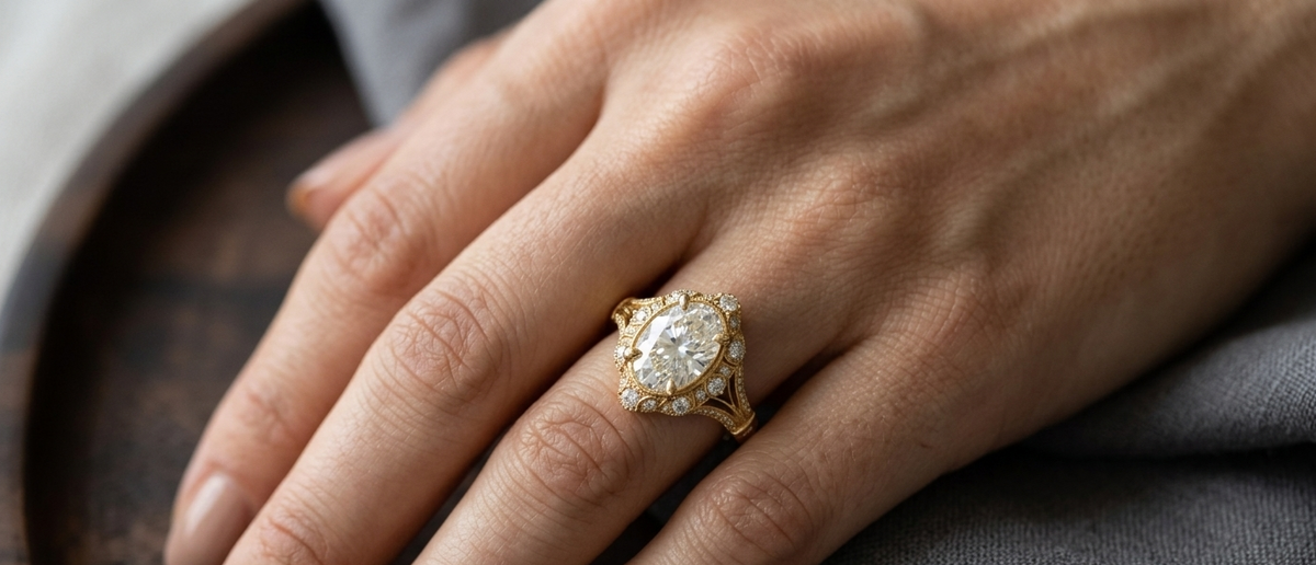 A close-up of a hand wearing a yellow gold ring with a large oval diamond surrounded by smaller diamonds