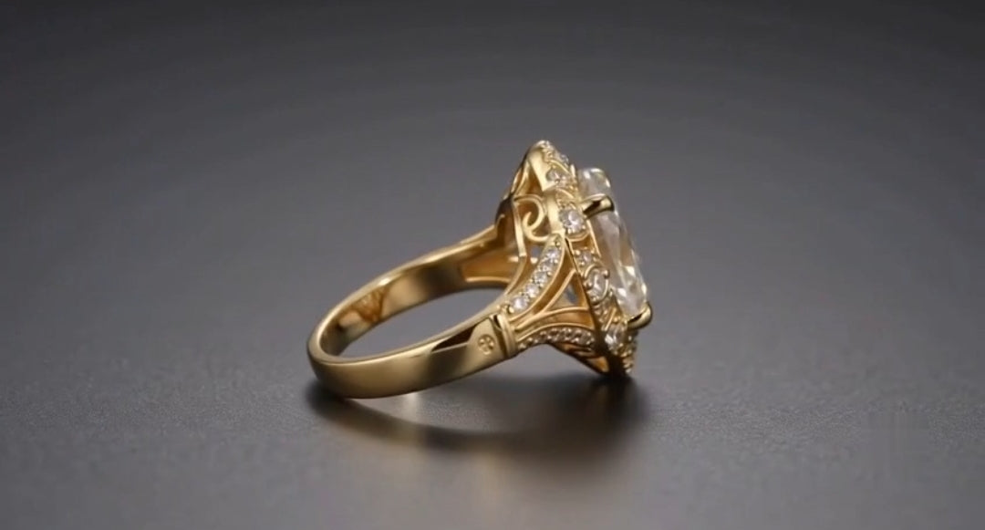 Side view showing split pavé shoulders and milgrain detailed cluster halo frame