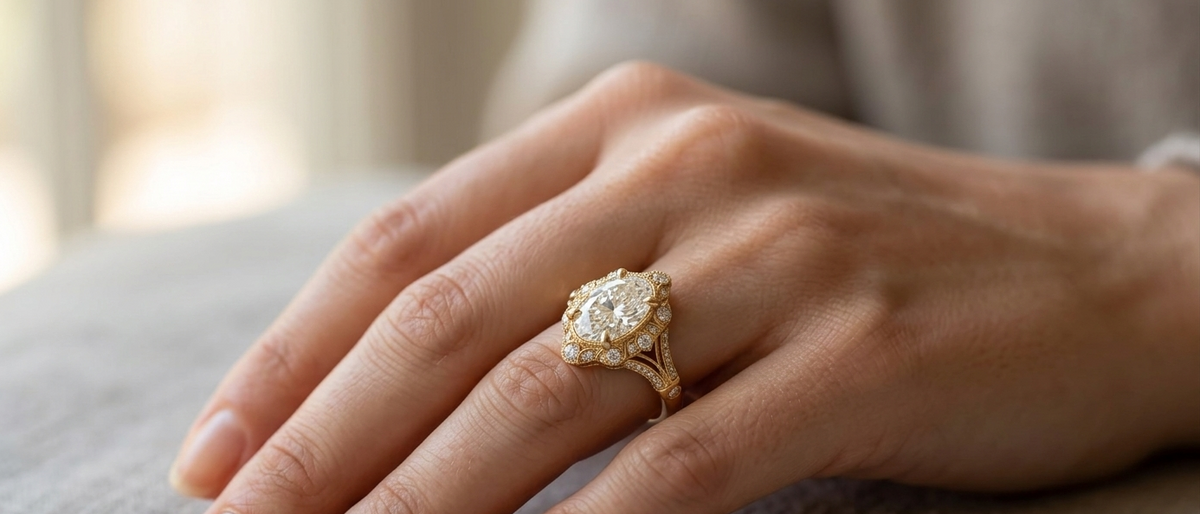 Full view of 3 carat oval lab grown diamond ring worn on finger against textured background
