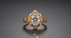 Centered top-down macro shot of 3 CT oval lab diamond with antique scalloped halo