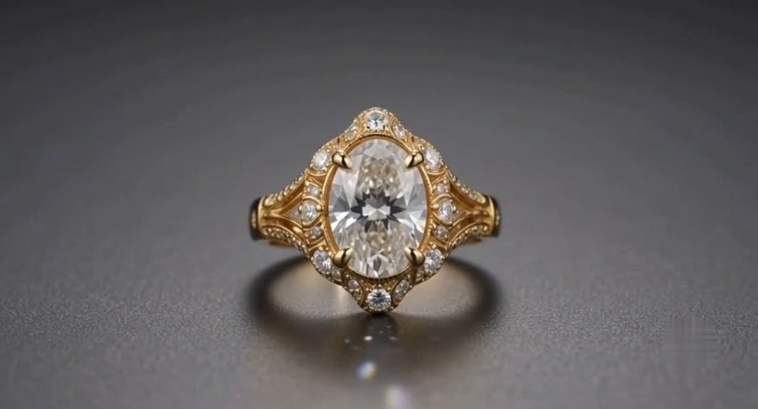 Centered top-down macro shot of 3 CT oval lab diamond with antique scalloped halo