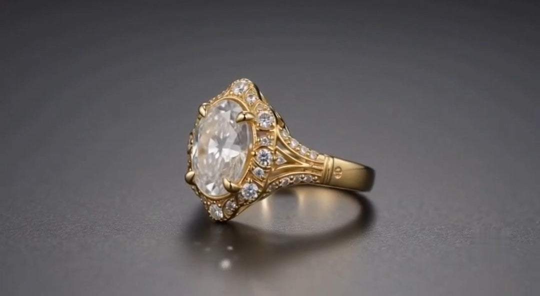 High-angle side view highlighting claw prongs and accent diamonds on yellow gold ring