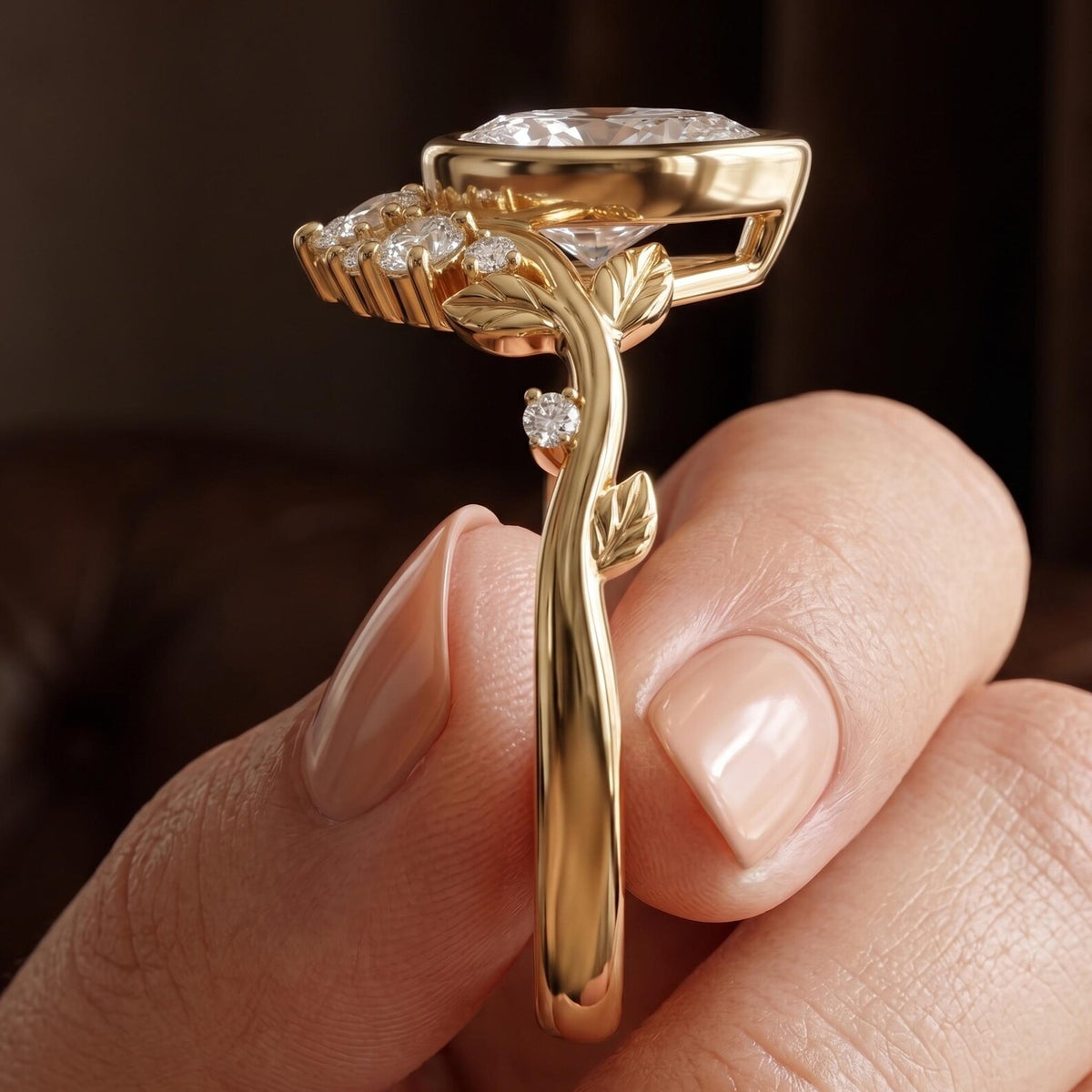 Side profile view of a 2 CT pear lab grown diamond bezel engagement ring with gold leaf vine band details.