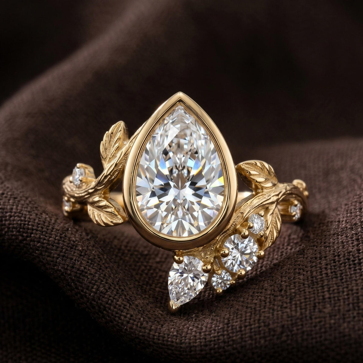 Close-up of 2 CT pear cut lab grown diamond in a gold bezel setting with asymmetrical botanical cluster.